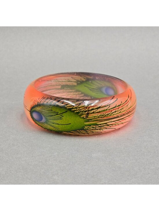 Unbranded Jewelry - Vintage Lucite Peacock Feather Bangle Bracelet Pink Painted Retro Statement 60s